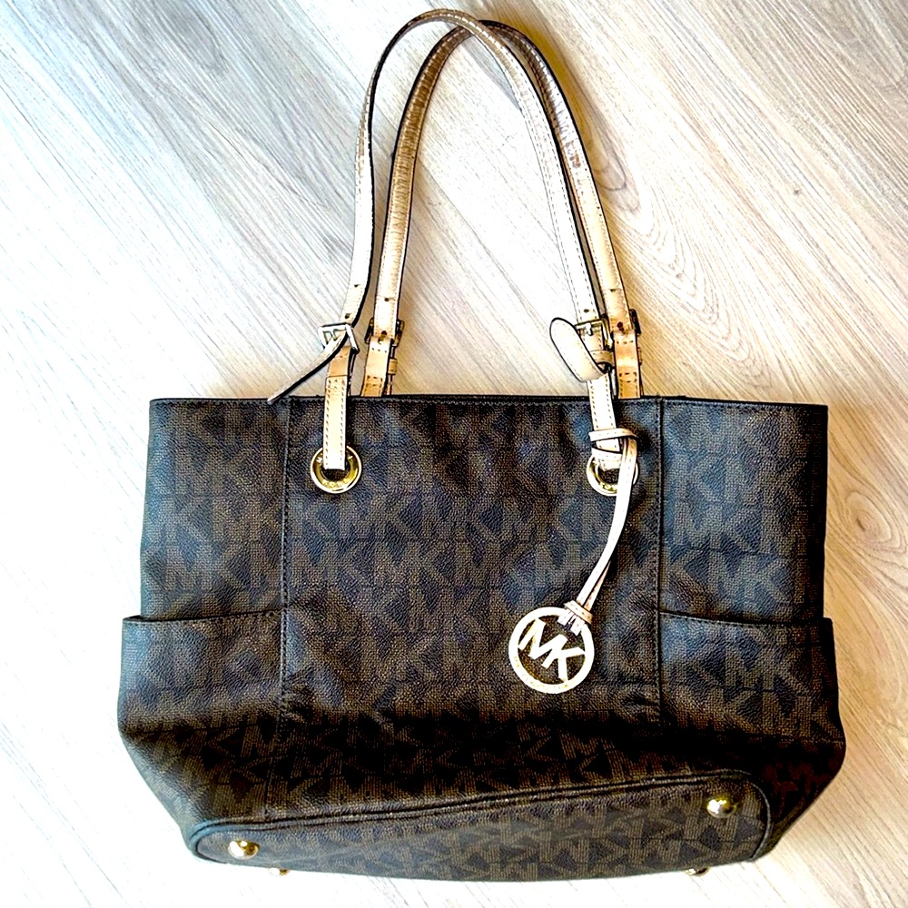 Michael Kors Jet Set Tote Brown Signature Monogram Handbag Mk Logo Shoulder Bag
